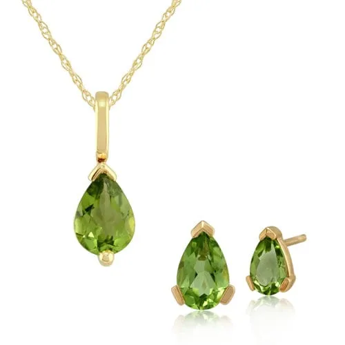 Classic Pear Peridot Single Stone Stud Earrings & Pendant Set in 9ct Yellow Gold sold by Gemondo Jewellery