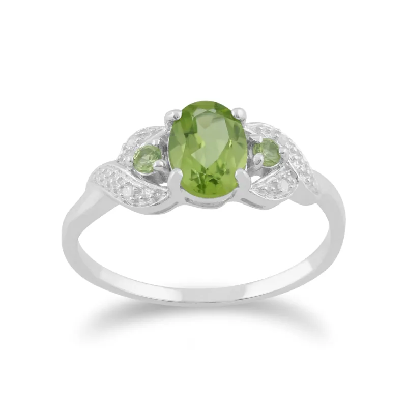 9ct White Gold 0.84ct Natural Peridot & 1.6pt Diamond Three Stone Ring sold by Gemondo Jewellery