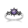 Art Nouveau Style Round Amethyst & Marcasite Floral Ring in 925 Sterling Silver sold by Gemondo Jewellery