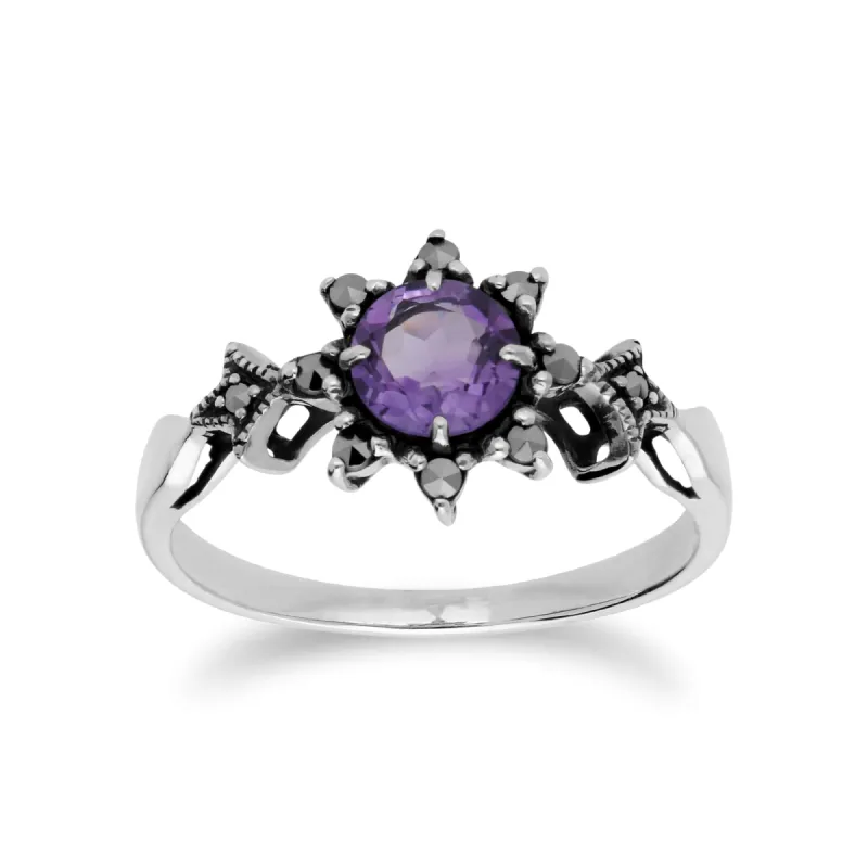 Art Nouveau Style Round Amethyst & Marcasite Floral Ring in 925 Sterling Silver sold by Gemondo Jewellery