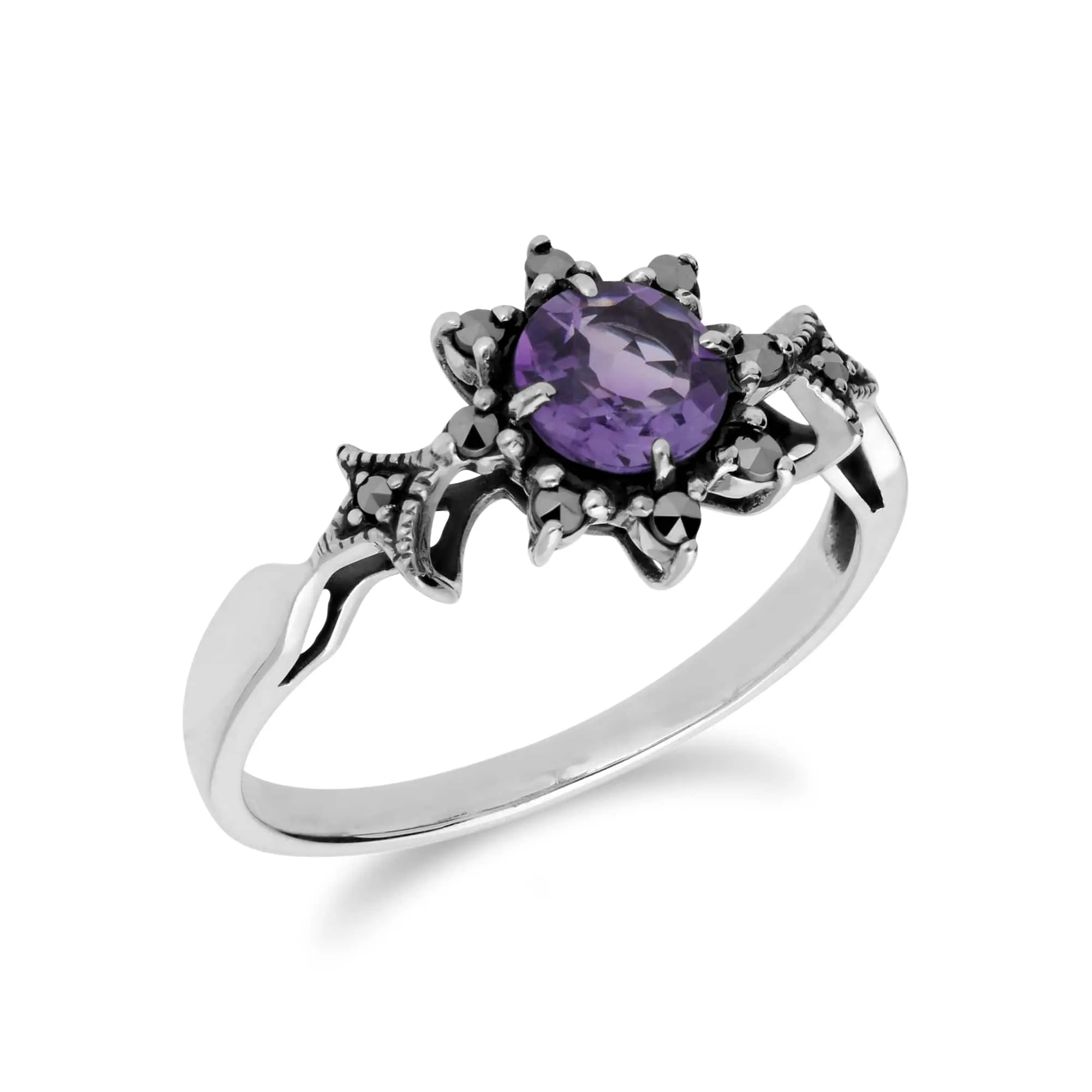 Art Nouveau Style Round Amethyst & Marcasite Floral Ring in 925 Sterling Silver sold by Gemondo Jewellery product image thumbnail 2
