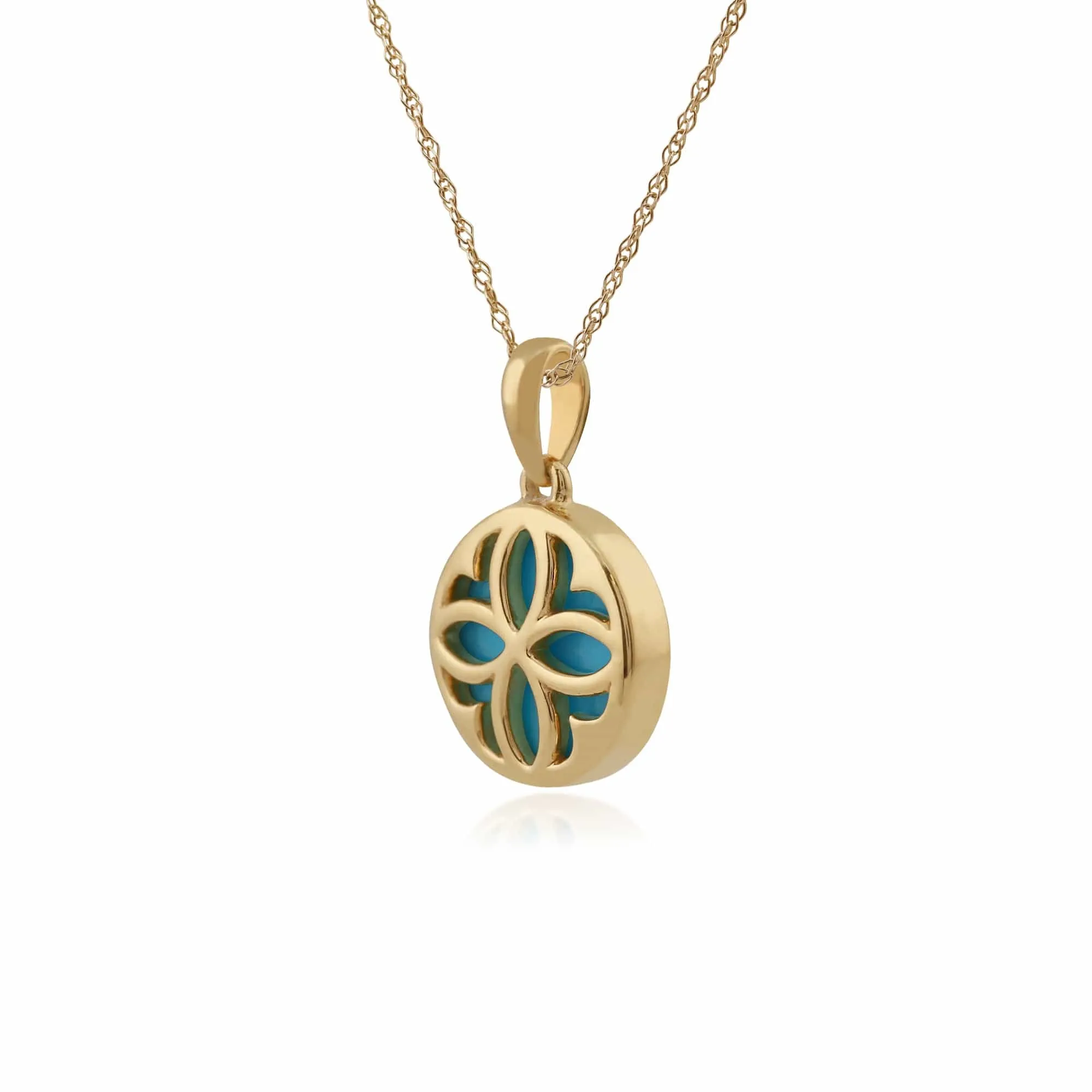 Art Nouveau Style Round Turquoise Floral Pattern Overlay Pendant in 9ct Yellow Gold sold by Gemondo Jewellery product image thumbnail 4