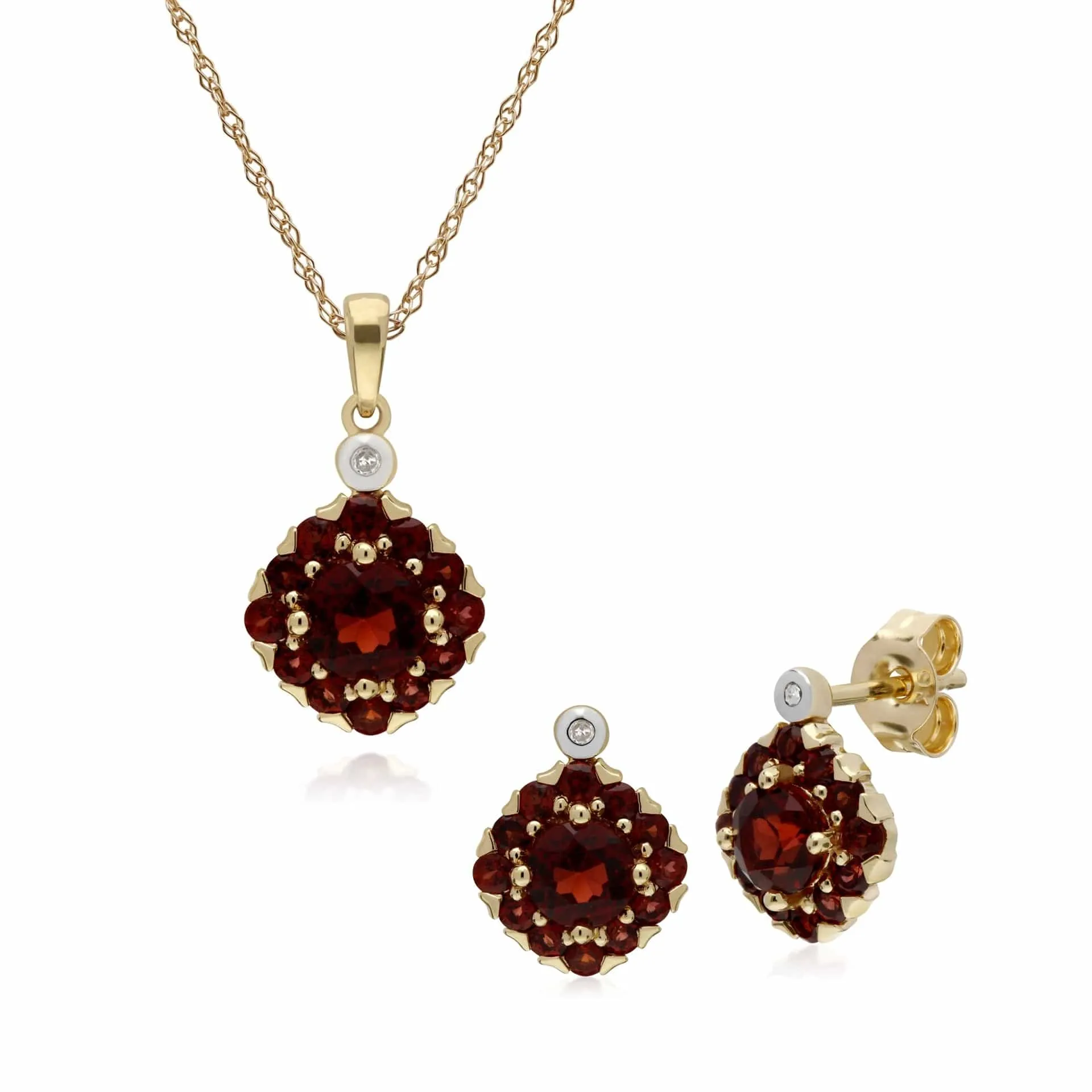 Classic Round Garnet & Diamond Square Cluster Stud Earrings & Pendant Set in 9ct Yellow Gold sold by Gemondo Jewellery