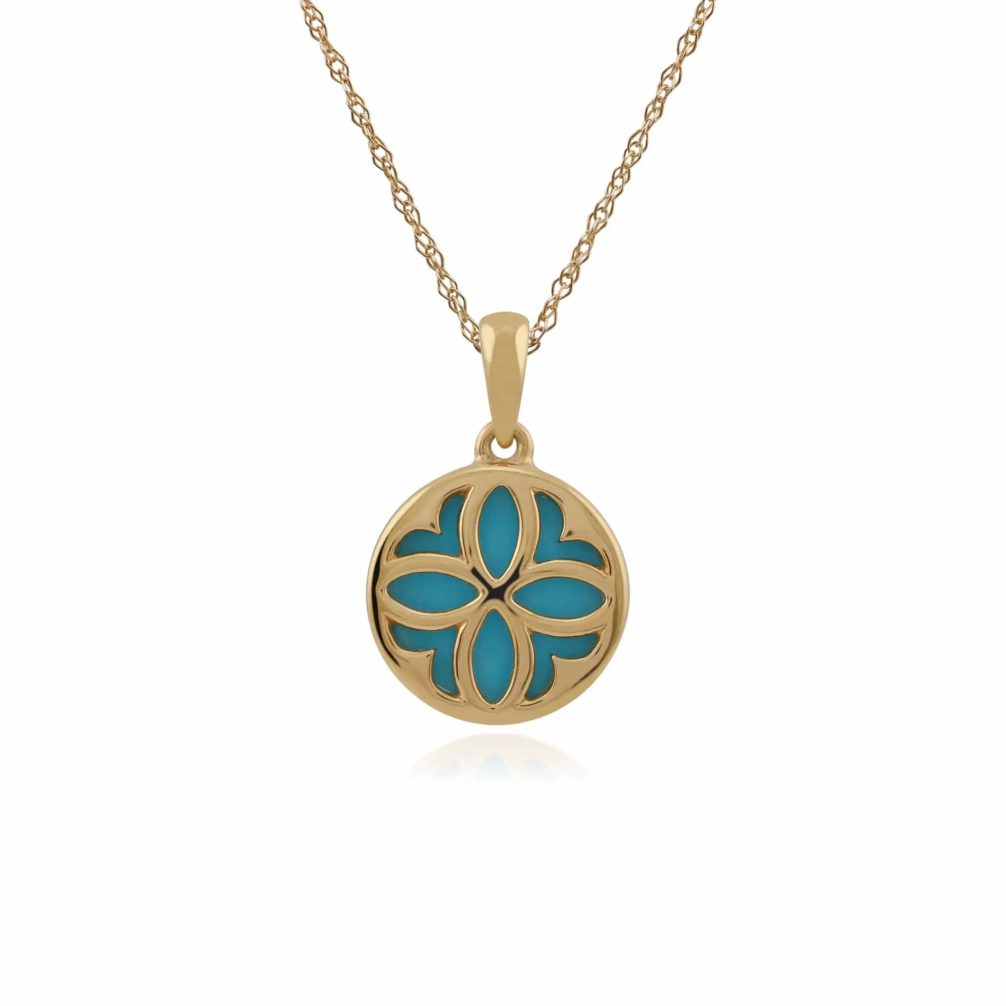 Art Nouveau Style Round Turquoise Floral Pattern Overlay Pendant in 9ct Yellow Gold sold by Gemondo Jewellery