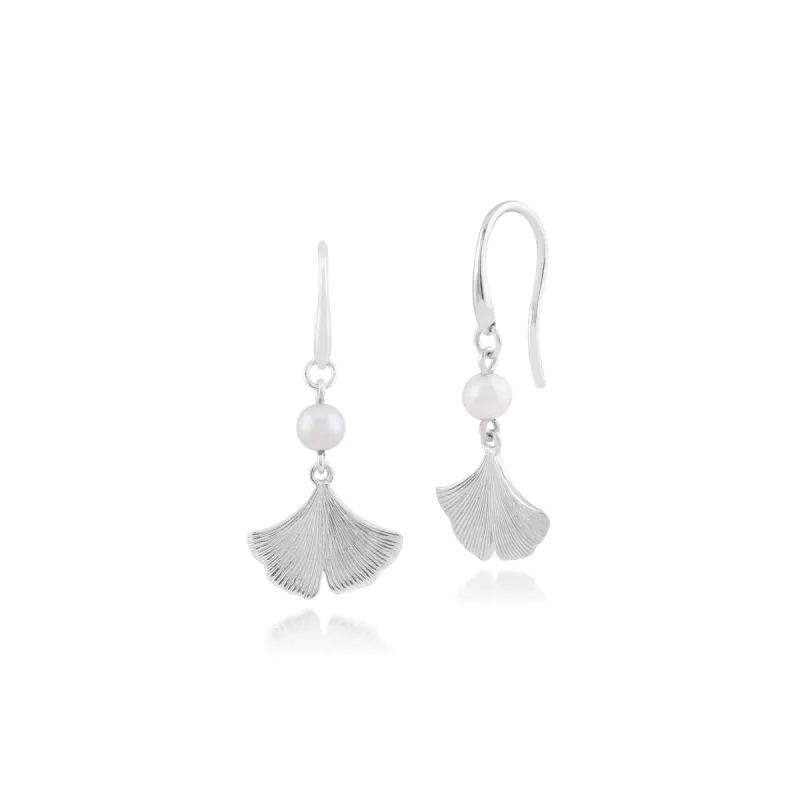 Floral Pearl Gingko Leaf Drop Earrings in 925 Sterling Silver sold by Gemondo Jewellery