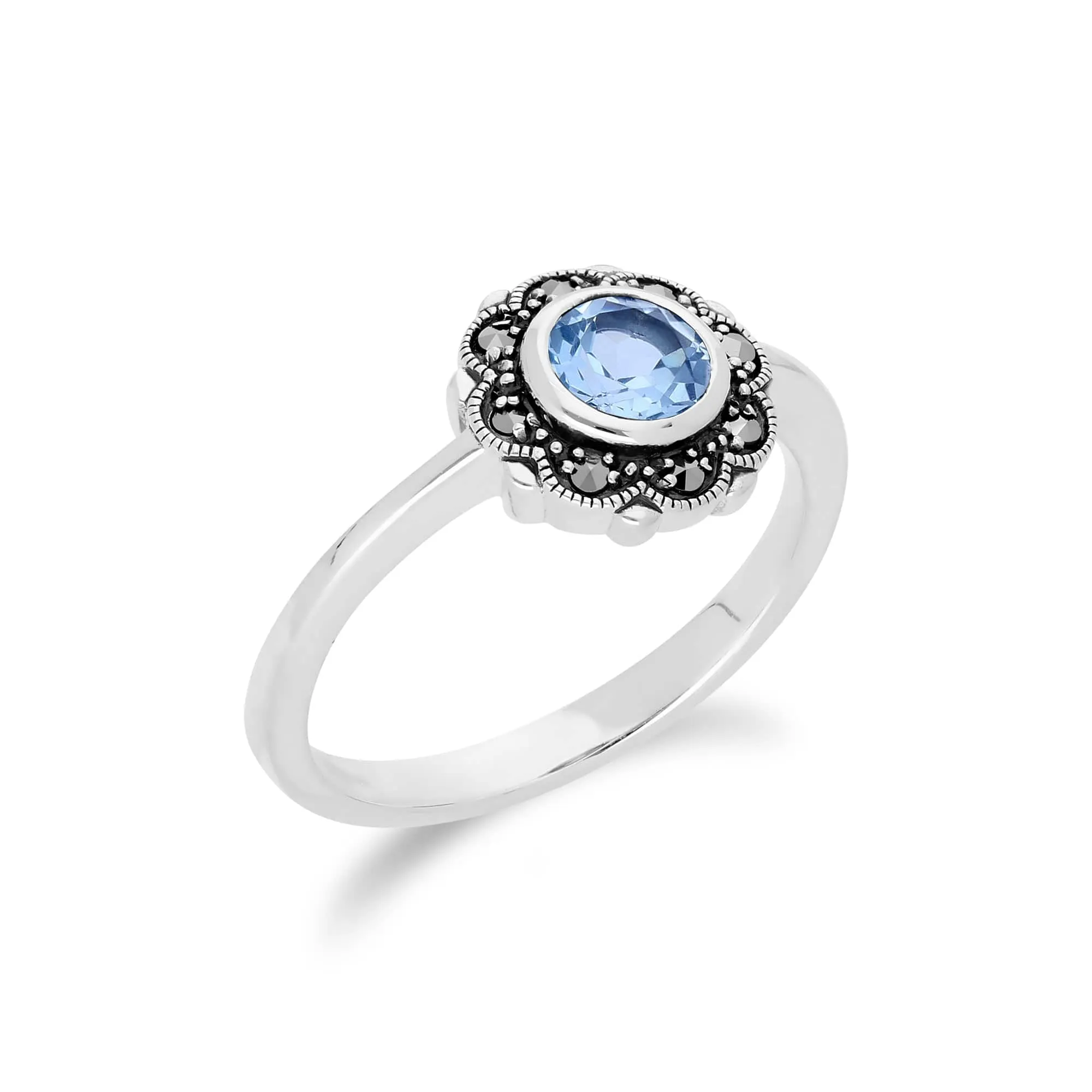 Floral Round Blue Topaz & Marcasite Halo Ring in 925 Sterling Silver sold by Gemondo Jewellery product image thumbnail 2