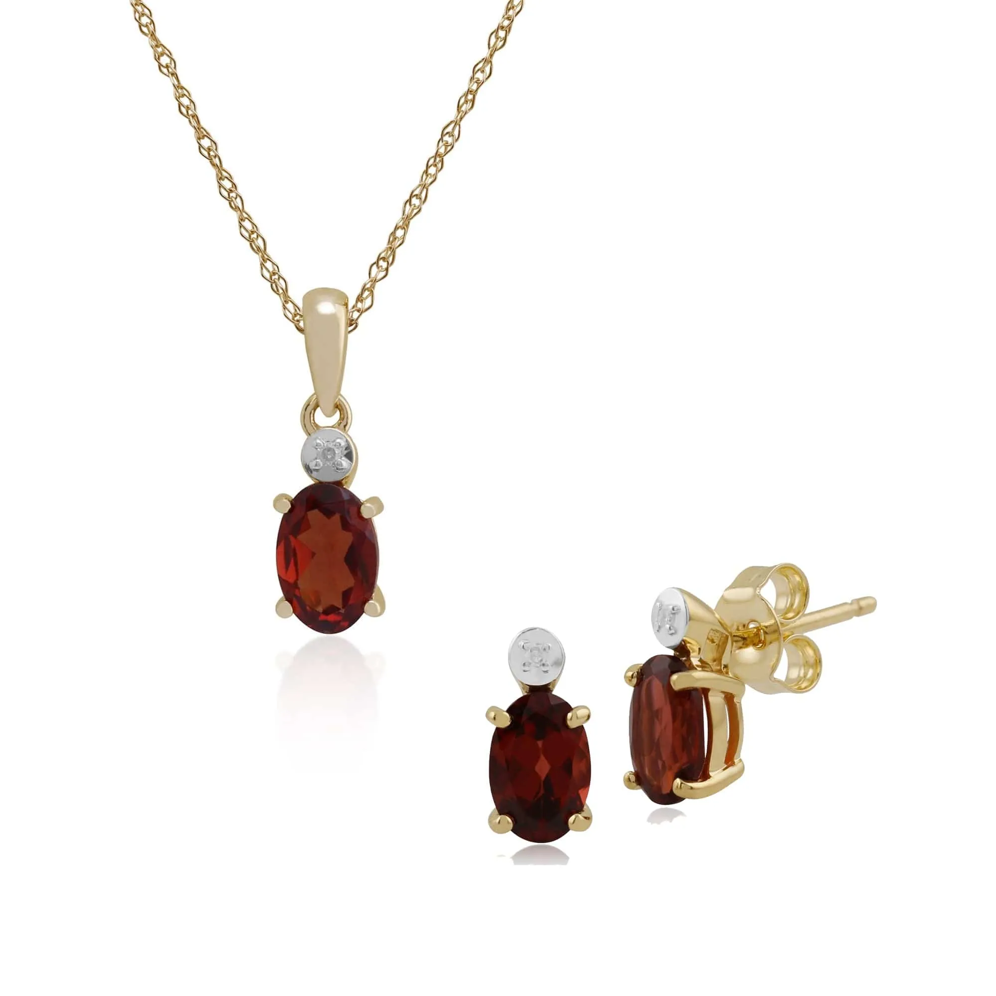 Classic Oval Garnet & Diamond Stud Earrings & Pendant Set in 9ct Yellow Gold sold by Gemondo Jewellery