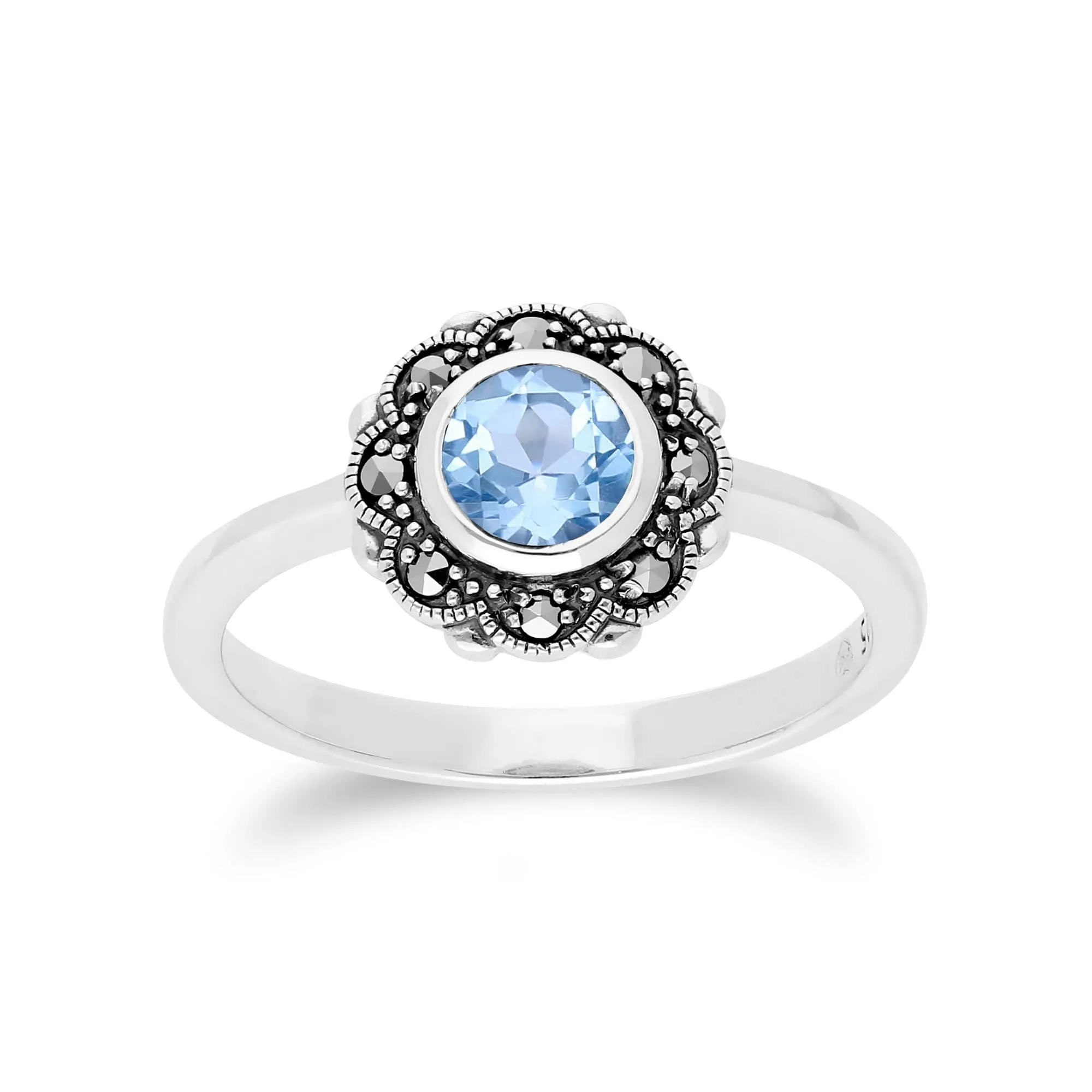 Floral Round Blue Topaz & Marcasite Halo Ring in 925 Sterling Silver sold by Gemondo Jewellery