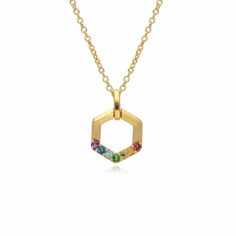 Rainbow Gemstone Hexagon Necklace Gold Plated Sterling Silver sold by Gemondo Jewellery