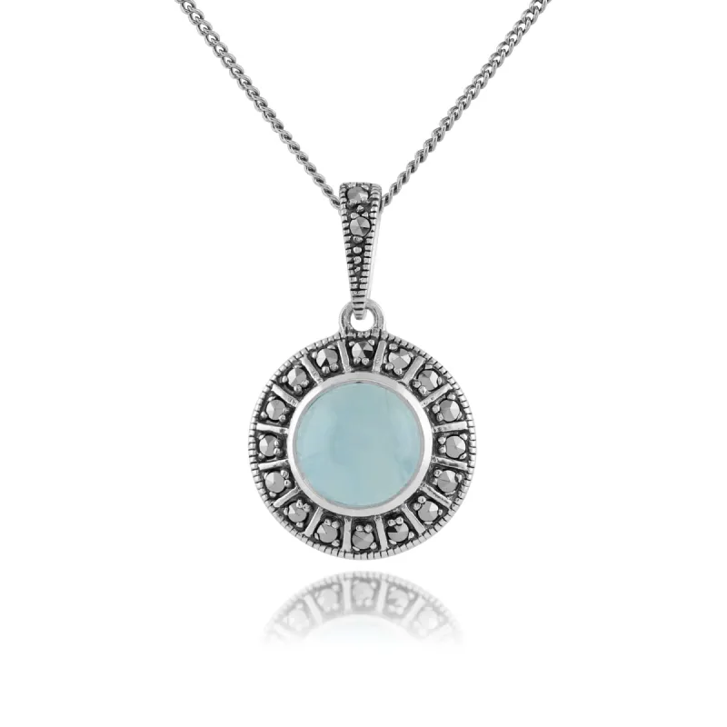 Art Deco Style Round Milky Aquamarine Cabochon & Marcasite Pendant in 925 Sterling Silver sold by Gemondo Jewellery