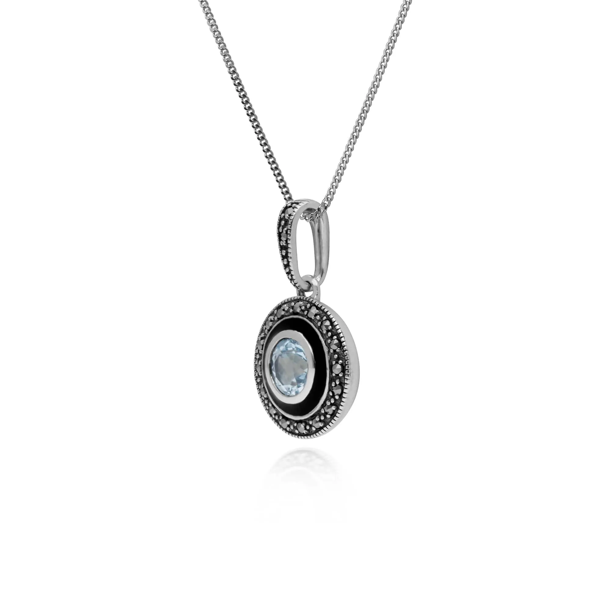 Art Deco Style Round Blue Topaz, Marcasite & Black Enamel Pendant in 925 Sterling Silver sold by Gemondo Jewellery product image thumbnail 2