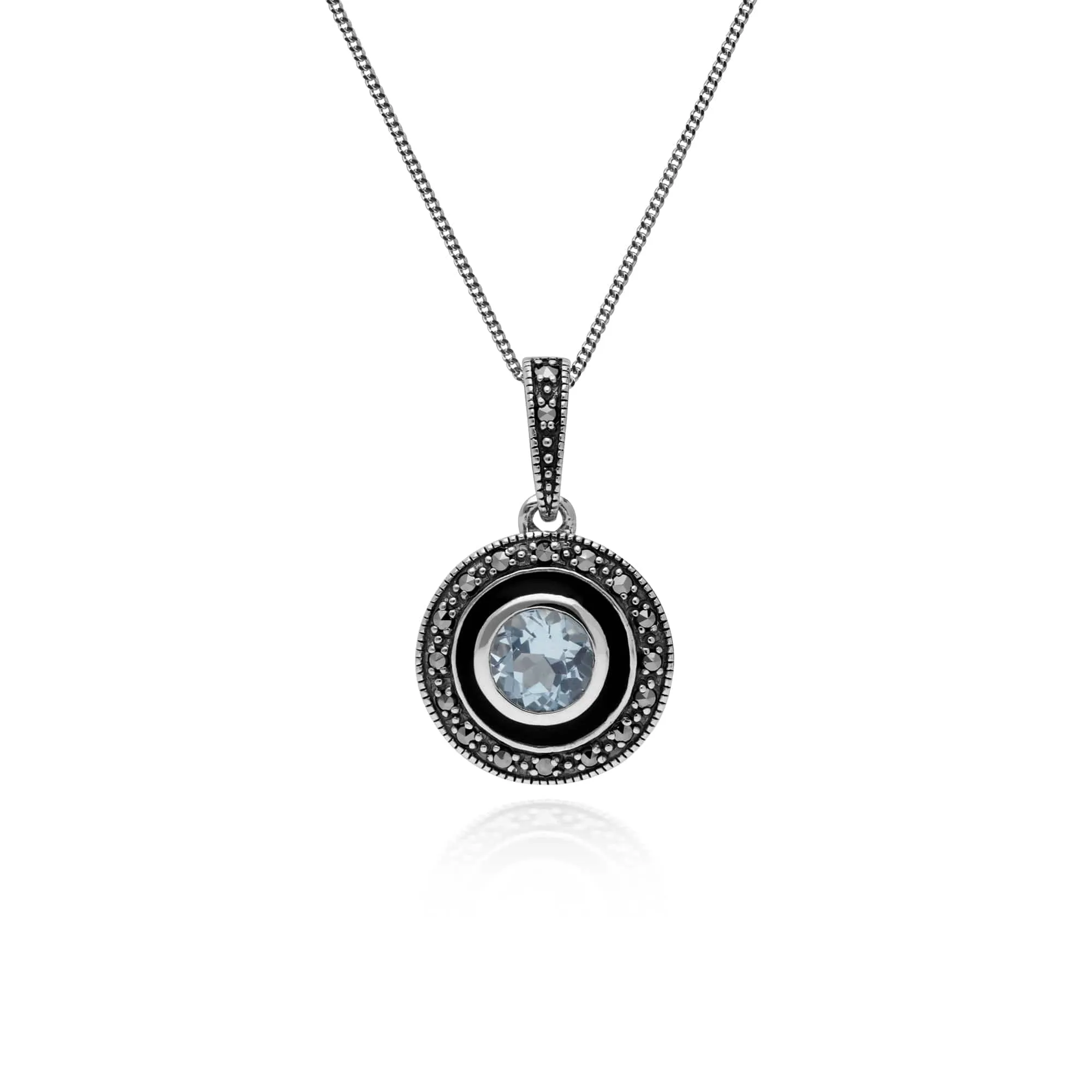 Art Deco Style Round Blue Topaz, Marcasite & Black Enamel Pendant in 925 Sterling Silver sold by Gemondo Jewellery