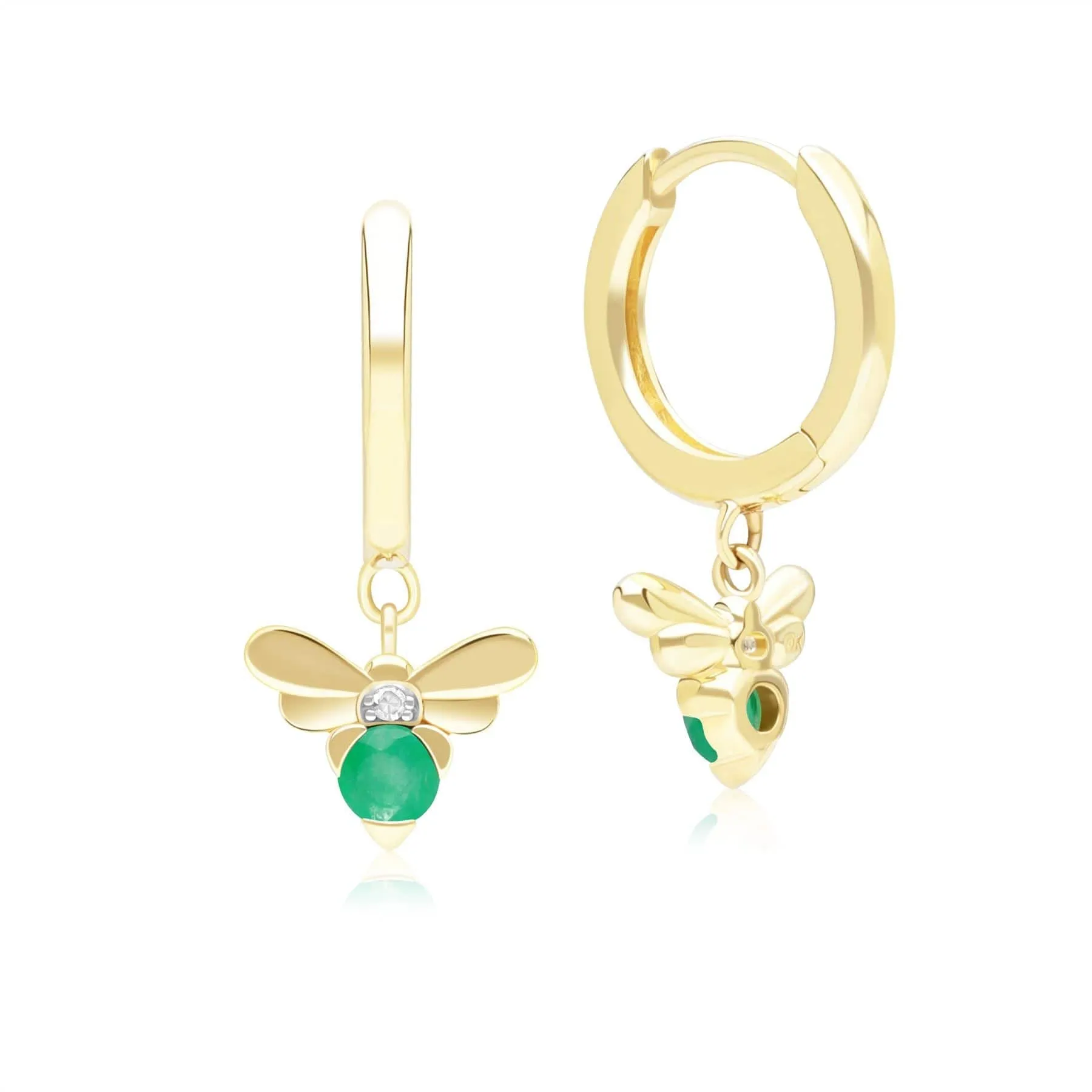 Honeycomb Inspired Emerald and Diamond Bee Hoop Earrings in 9ct Yellow Gold sold by Gemondo Jewellery product image thumbnail 3