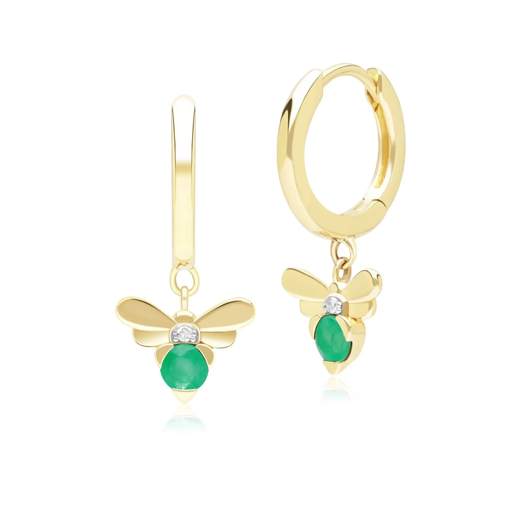 Honeycomb Inspired Emerald and Diamond Bee Hoop Earrings in 9ct Yellow Gold sold by Gemondo Jewellery