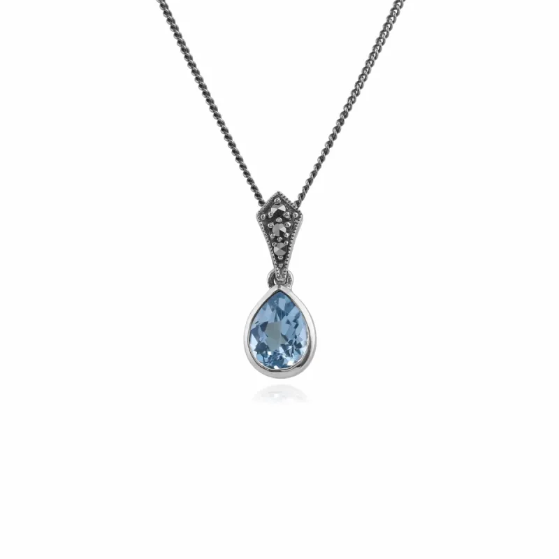 Art Deco Style Oval Pear Blue Topaz & Marcasite Pendant in 925 Sterling Silver sold by Gemondo Jewellery