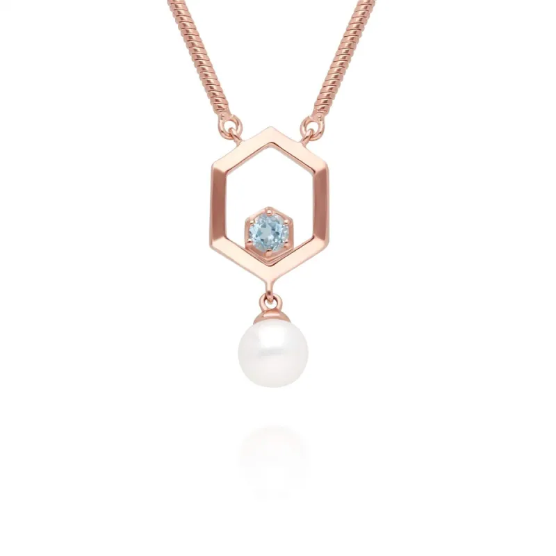 Modern Pearl & Topaz Hexagon Drop Necklace in Rose Gold Plated Silver sold by Gemondo Jewellery