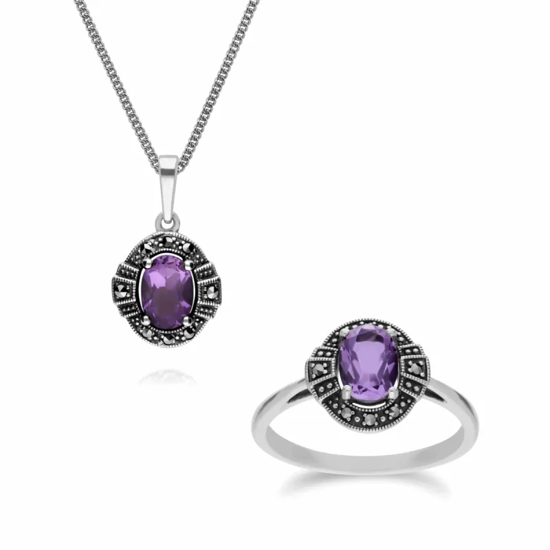 Art Deco Style Oval Amethyst and Marcasite Cluster Silver Ring & Pendant Set sold by Gemondo Jewellery