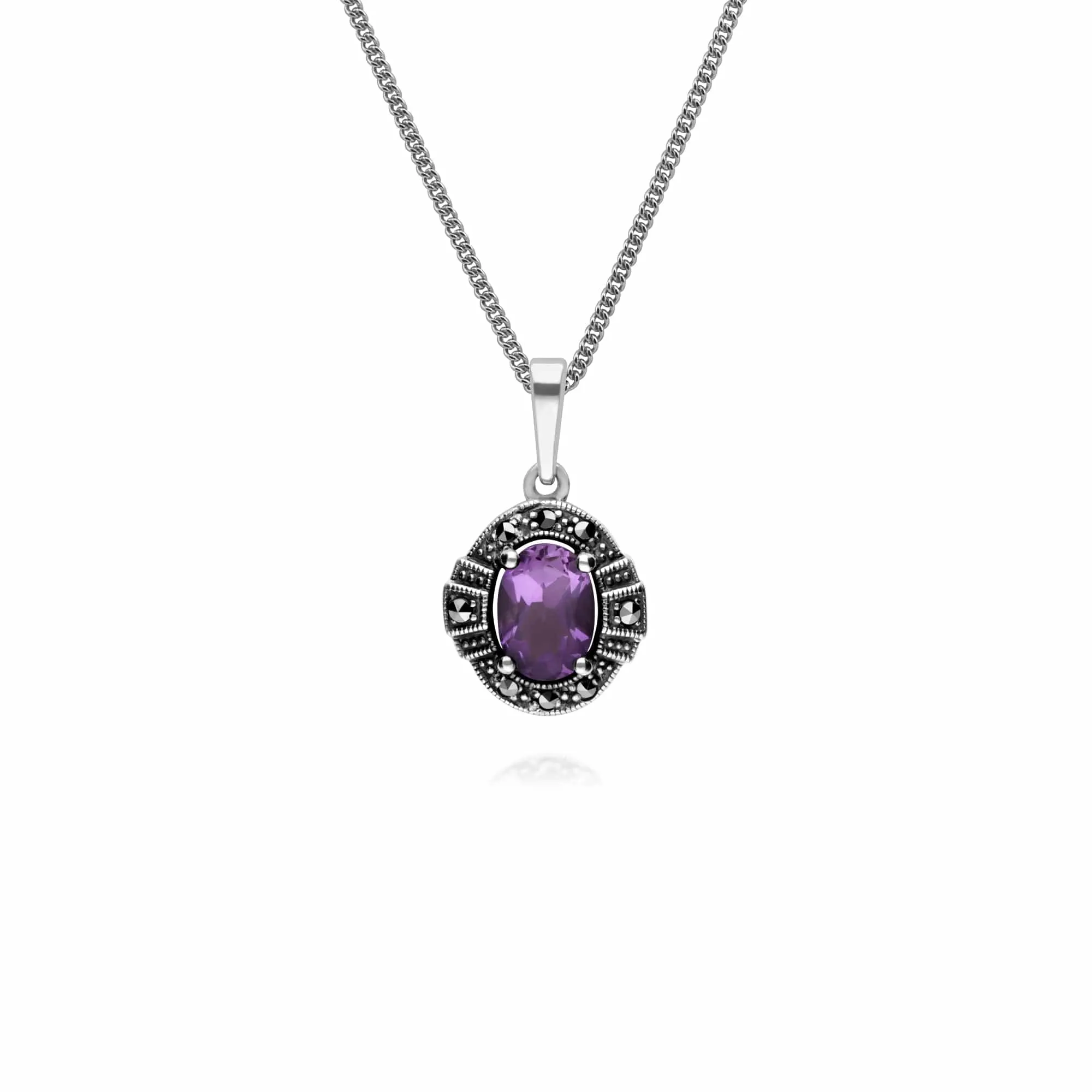 Art Deco Style Oval Amethyst and Marcasite Cluster Silver Ring & Pendant Set sold by Gemondo Jewellery product image thumbnail 2