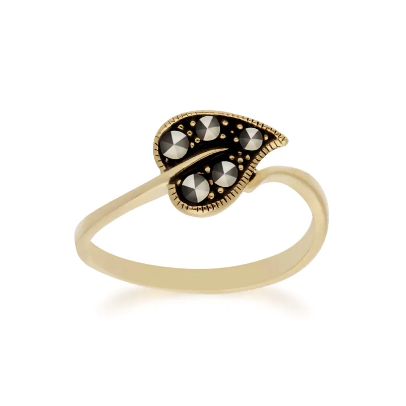 Classic Round Marcasite Leaf Design Yellow Gold Plated Silver Ring sold by Gemondo Jewellery