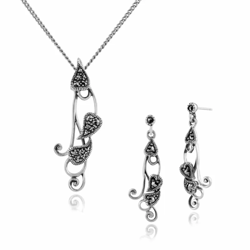 Art Nouveau Style Style Round Marcasite Twisted Leaf Drop Earrings & Pendant Set in 925 Sterling Silver sold by Gemondo Jewellery