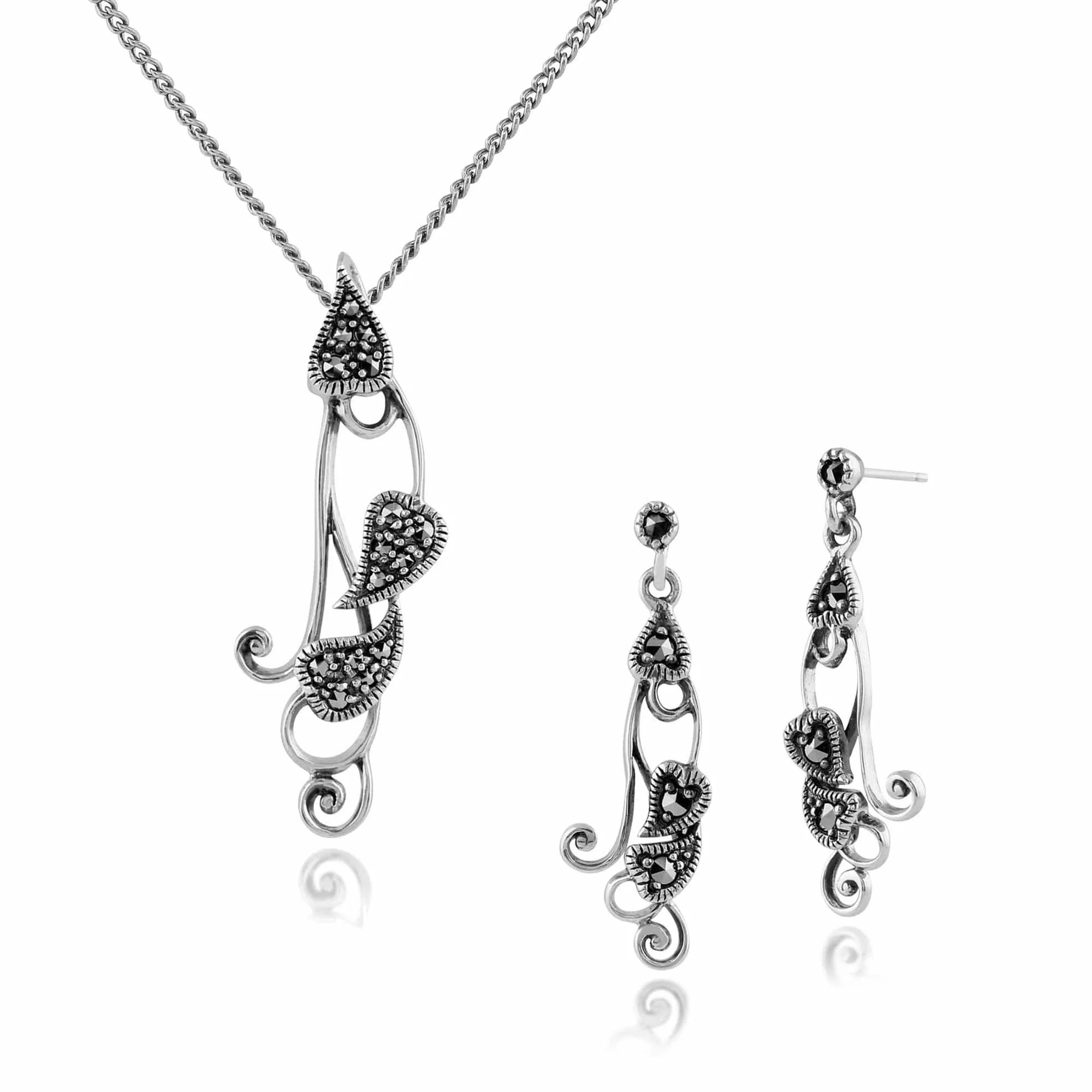 Art Nouveau Style Style Round Marcasite Twisted Leaf Drop Earrings & Pendant Set in 925 Sterling Silver sold by Gemondo Jewellery