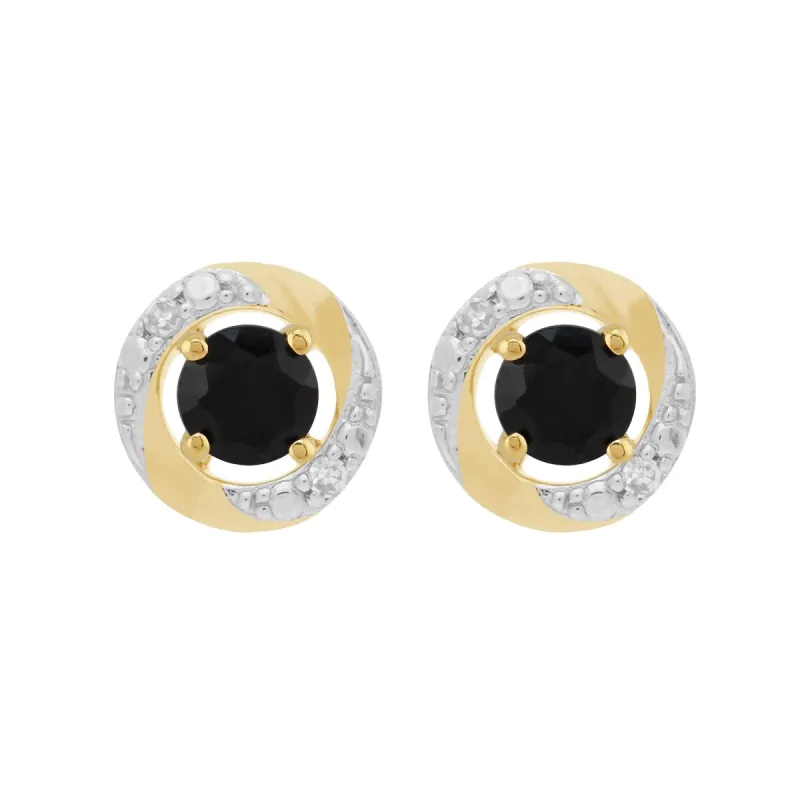 Classic Round Dark Blue Sapphire Studs with Detachable Diamond Halo Ear Jacket in 9ct Yellow Gold sold by Gemondo Jewellery