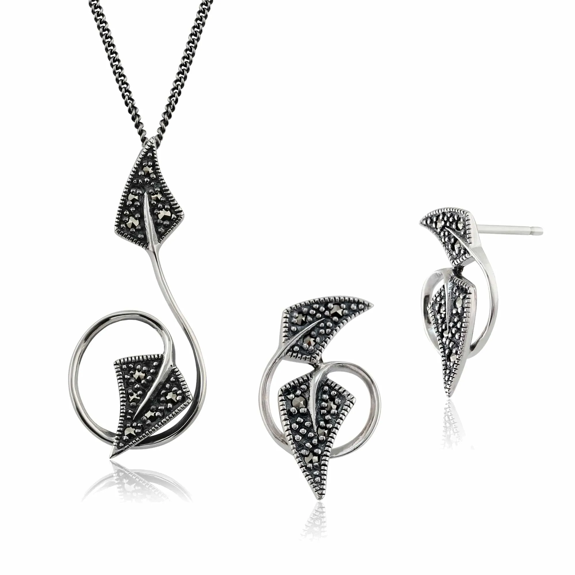 Art Nouveau Style Style Round Marcasite Twisted Leaf Stud Earrings & Pendant Set in 925 Sterling Silver sold by Gemondo Jewellery