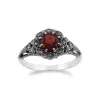 Art Nouveau Style Round Garnet & Marcasite Floral Stud Earrings & Ring Set in 925 Sterling Silver sold by Gemondo Jewellery