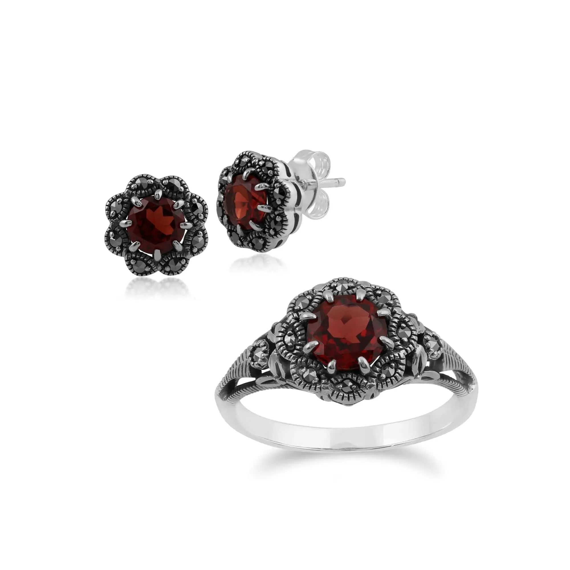 Art Nouveau Style Round Garnet & Marcasite Floral Stud Earrings & Ring Set in 925 Sterling Silver sold by Gemondo Jewellery