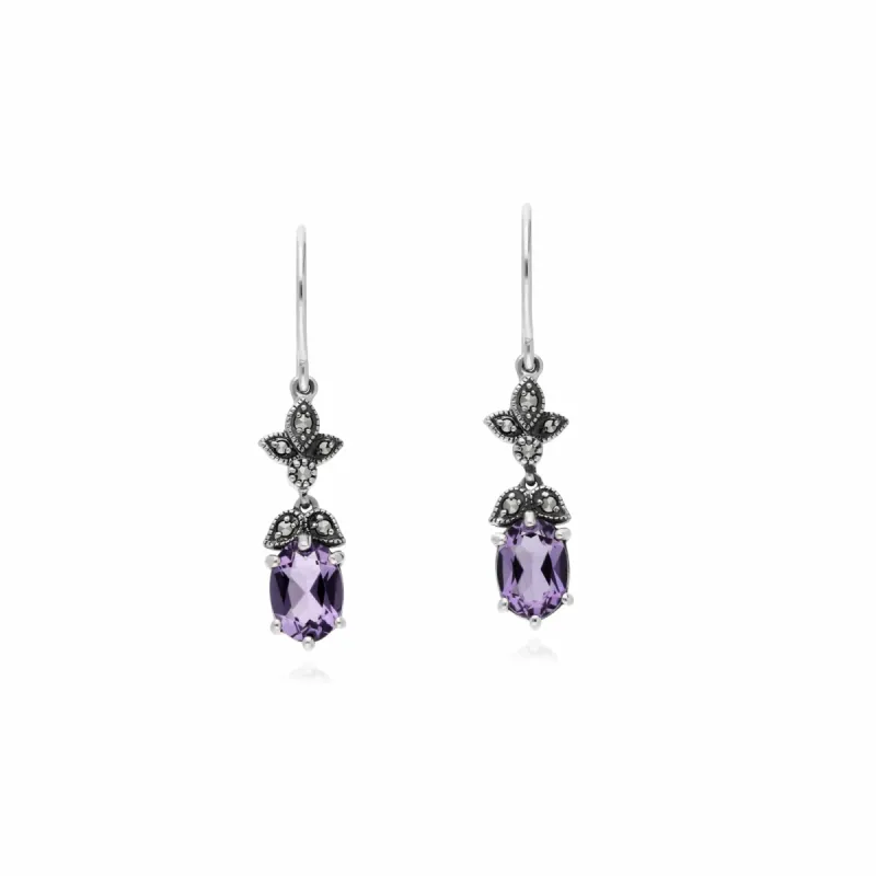 Art Nouveau Style Oval Amethyst & Marcasite Drop Earrings in 925 Sterling Silver sold by Gemondo Jewellery