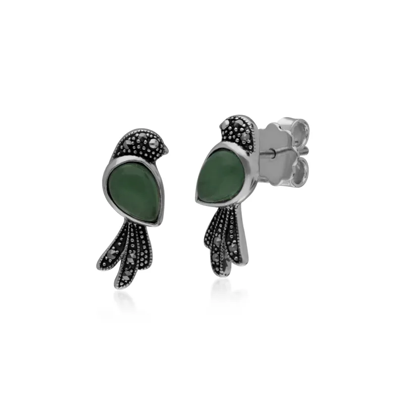 Classic Pear Green Jade & Marcasite Bird Stud Earrings in 925 Sterling Silver sold by Gemondo Jewellery