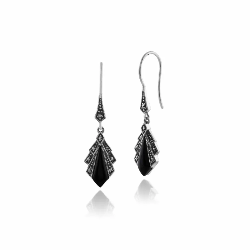 Art Deco Style Diamond Black Onyx & Marcasite Drop Earrings in 925 Sterling Silver sold by Gemondo Jewellery