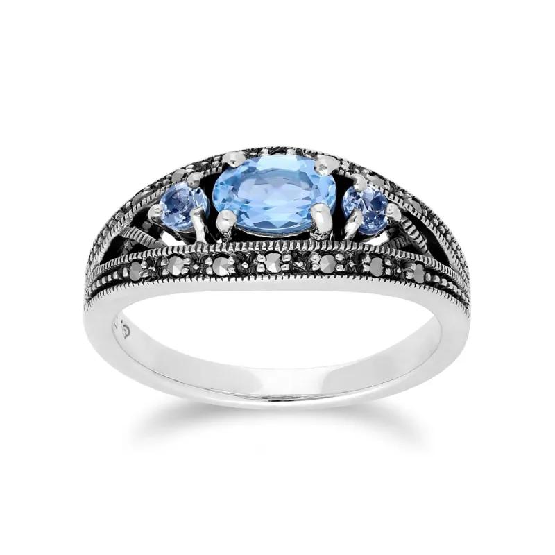Art Deco Style Oval Blue Topaz & Marcasite Three Stone Ring in 925 Sterling Silver sold by Gemondo Jewellery