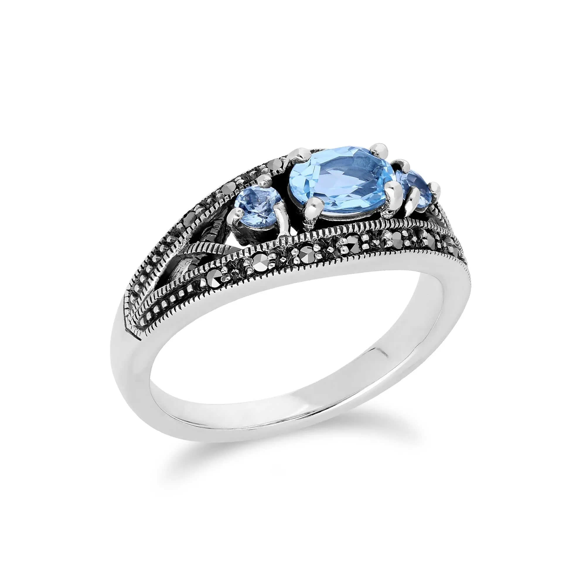 Art Deco Style Oval Blue Topaz & Marcasite Three Stone Ring in 925 Sterling Silver sold by Gemondo Jewellery product image thumbnail 2
