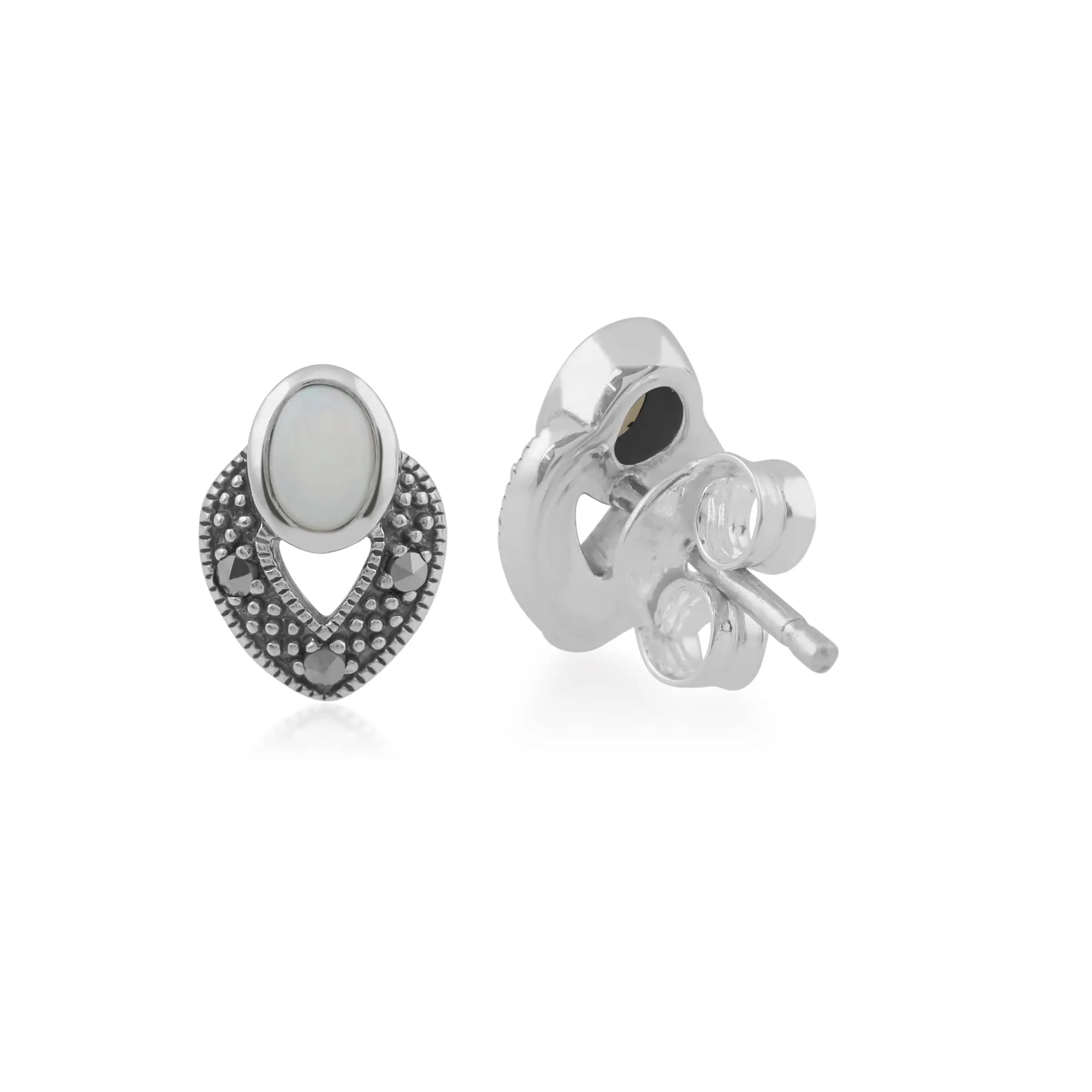 Art Deco Style Oval Opal & Marcasite Stud Earrings in 925 Sterling Silver sold by Gemondo Jewellery product image thumbnail 2