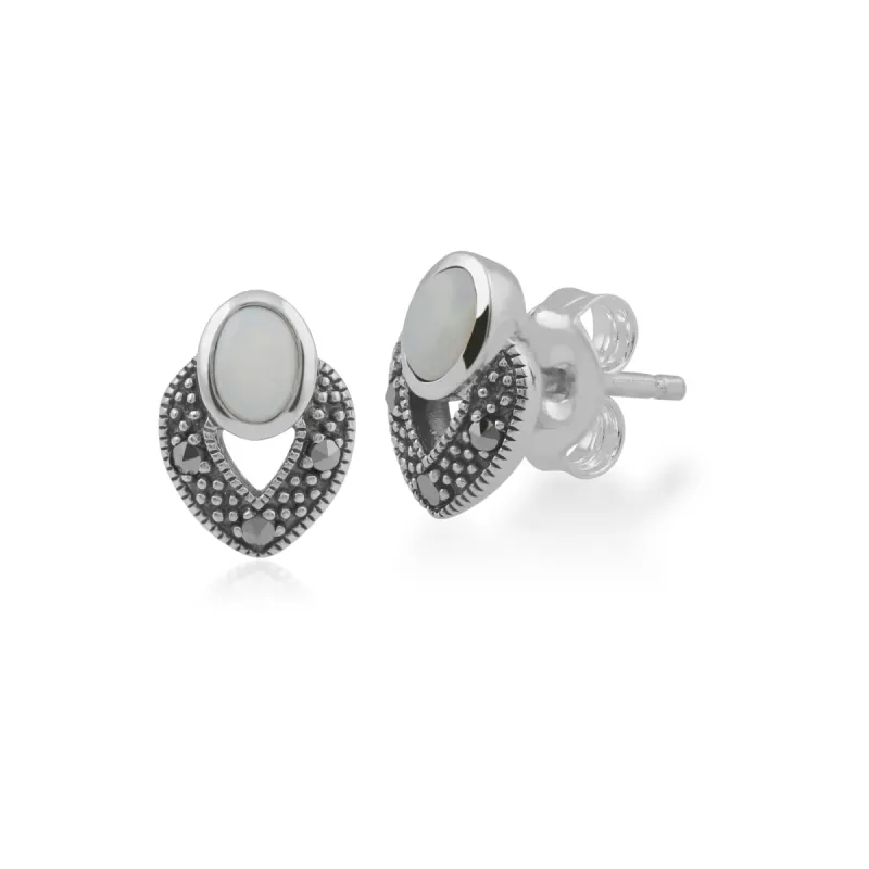 Art Deco Style Oval Opal & Marcasite Stud Earrings in 925 Sterling Silver sold by Gemondo Jewellery