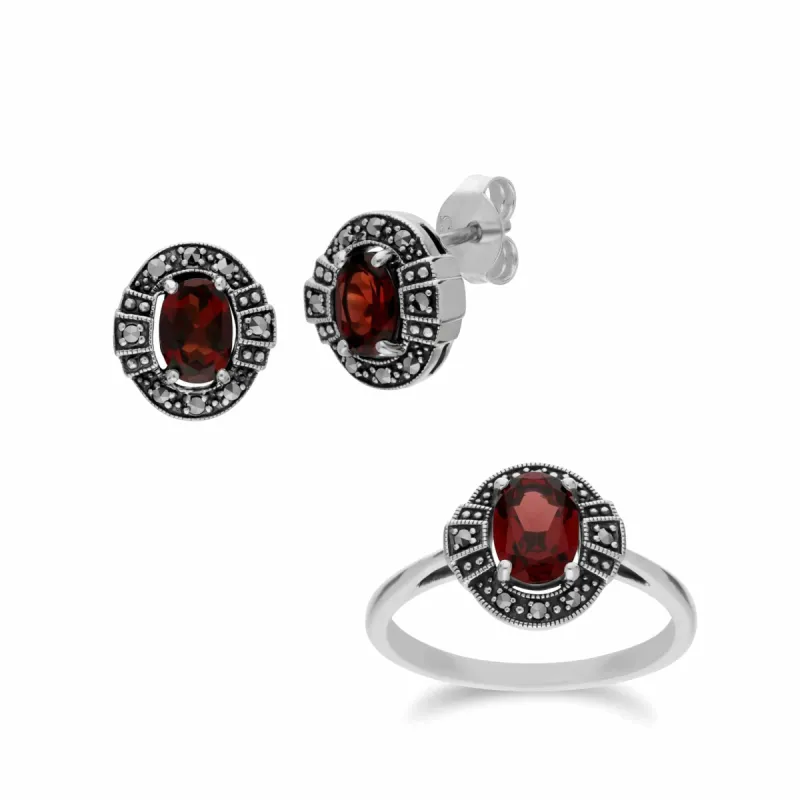 Art Deco Style Oval Garnet and Marcasite Cluster Stud Earrings & Ring Set in 925 Sterling Silver sold by Gemondo Jewellery