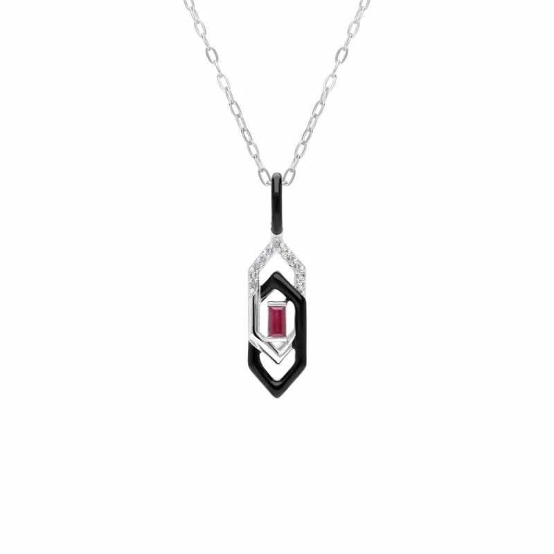 Grand Deco Black Enamel, White Topaz & Ruby Pendant in 9ct White Gold sold by Gemondo Jewellery