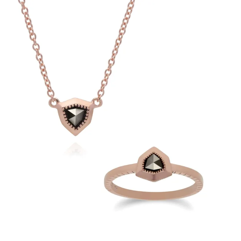 Rose Gold Plated Silver  Marcasite Shield Design Ring & Necklace Set sold by Gemondo Jewellery