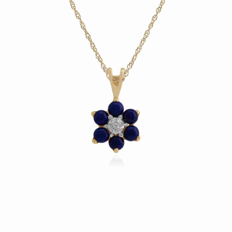 Floral Round Lapis Lazuli & Diamond Cluster Pendant in 9ct Yellow Gold sold by Gemondo Jewellery