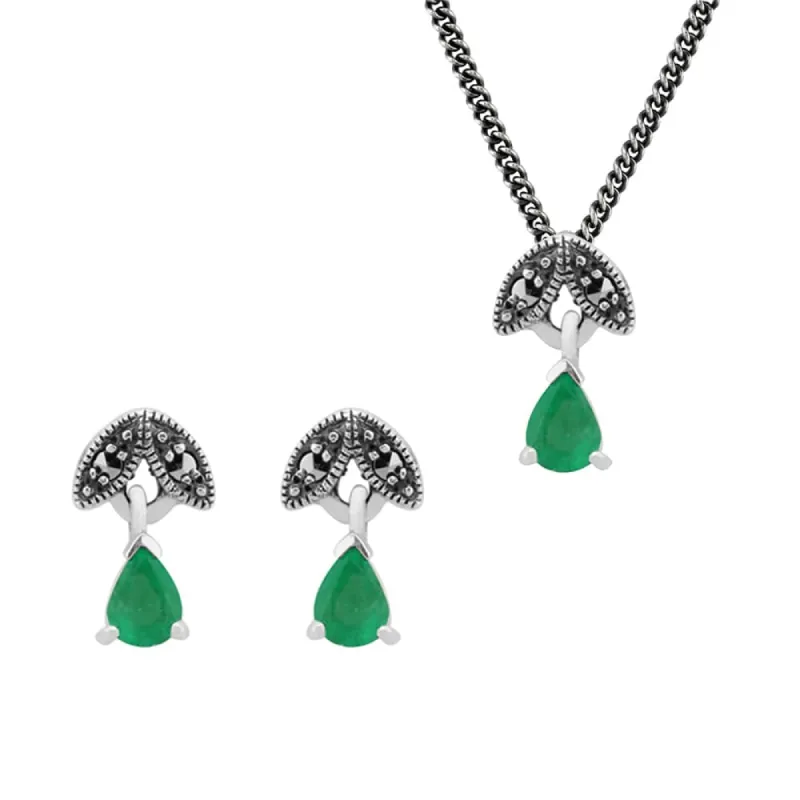 Art Deco Style Style Pear Emerald & Marcasite Leaf Stud Earrings & Pendant Set in 925 Sterling Silver sold by Gemondo Jewellery