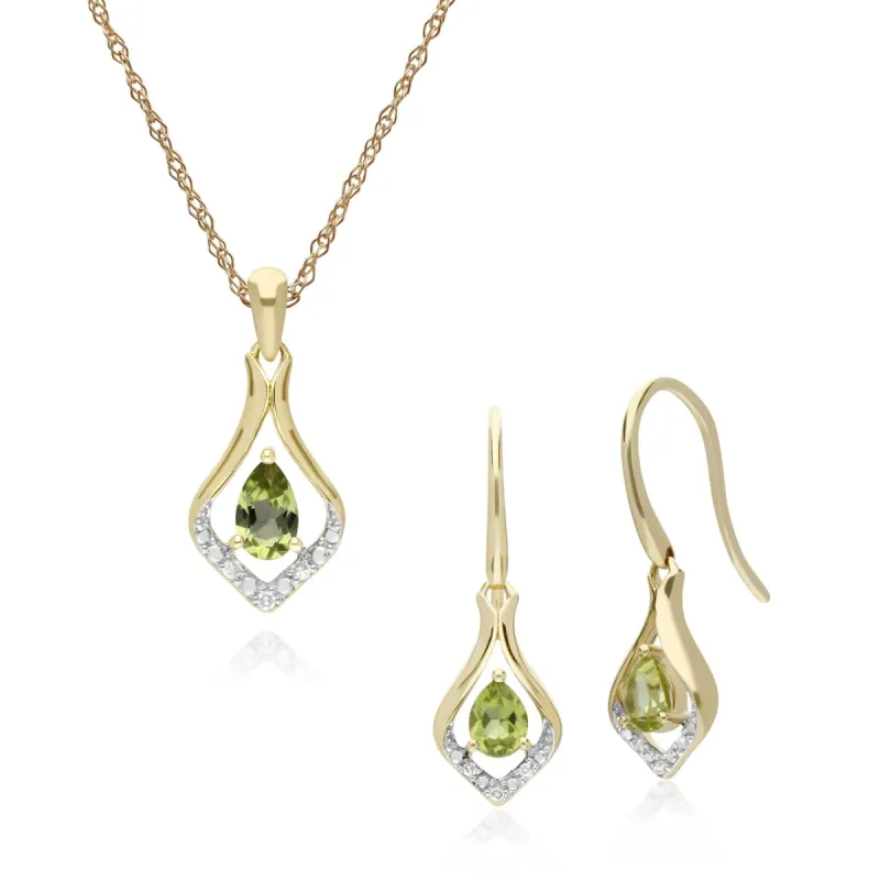 Classic Oval Peridot & Diamond Leaf Drop Earrings & Pendant Set in 9ct Yellow Gold sold by Gemondo Jewellery