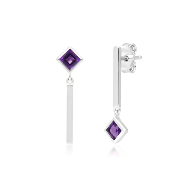 Micro Statement Mismatched Amethyst Drop Earrings in 9ct White Gold sold by Gemondo Jewellery