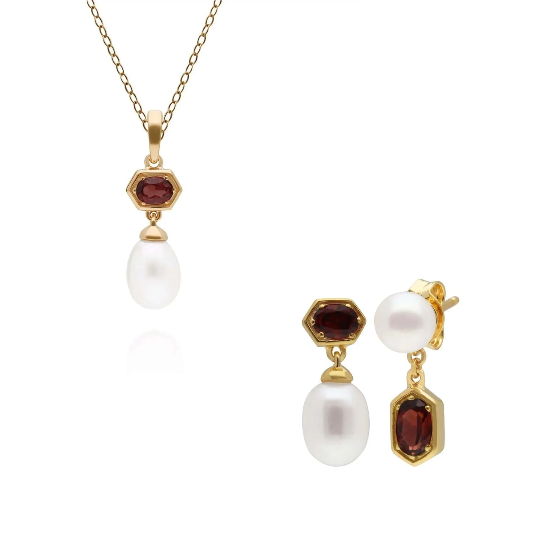 Modern Pearl & Garnet Pendant & Earring Set in Gold Plated Silver sold by Gemondo Jewellery
