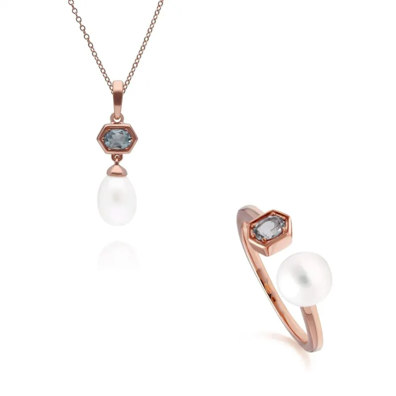 Modern Pearl & Aquamarine Pendant & Ring Set in Rose Gold Plated Silver sold by Gemondo Jewellery