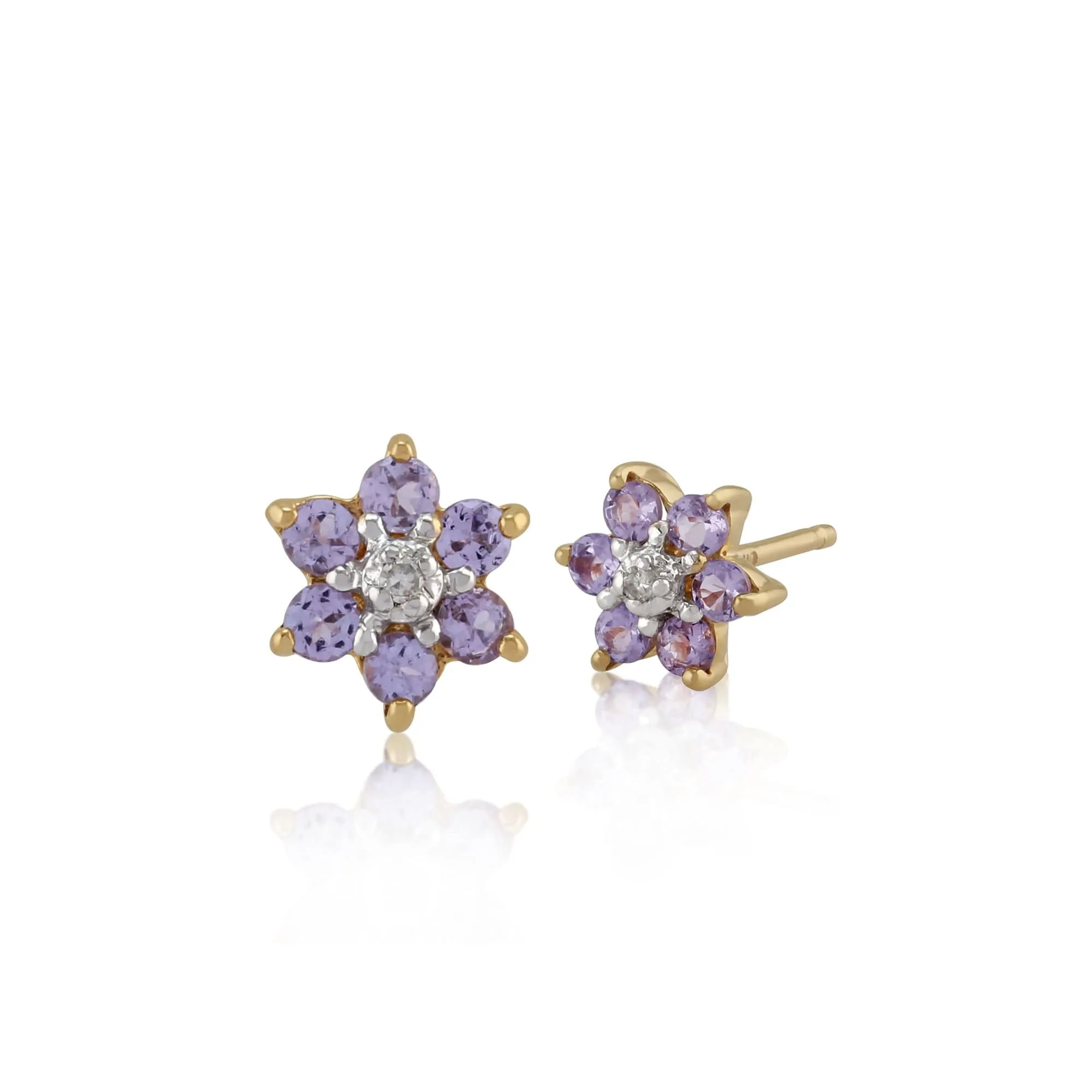 Floral Round Tanzanite & Diamond Cluster Stud Earrings in 9ct Yellow Gold sold by Gemondo Jewellery