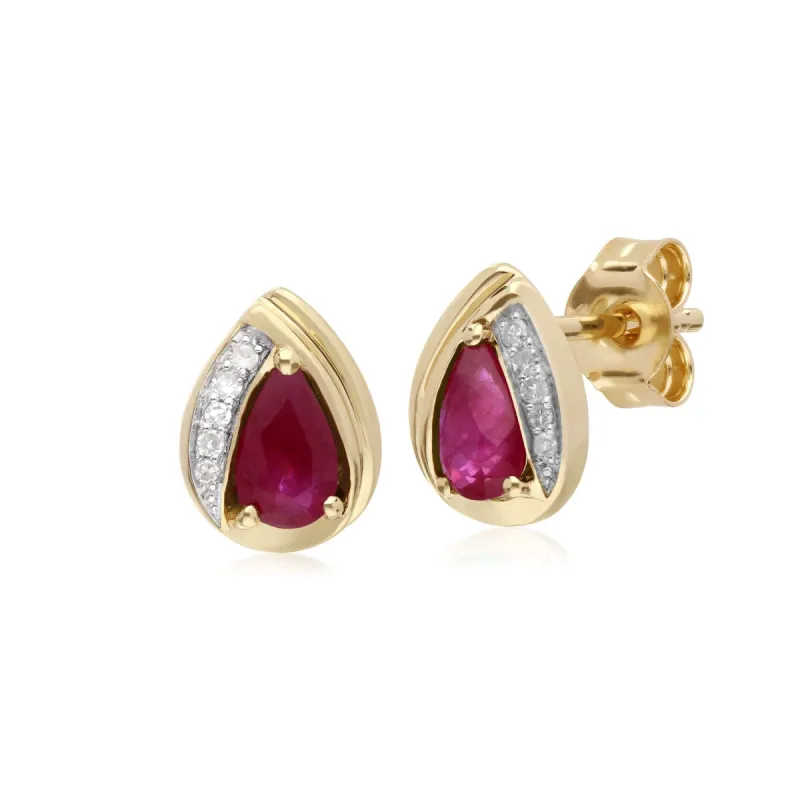 Classic Pear Ruby & Diamond Tear Drop Stud Earrings in 9ct Yellow Gold sold by Gemondo Jewellery