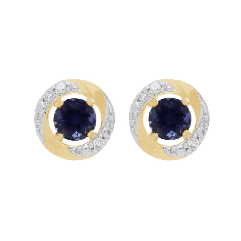 Classic Round Iolite Stud Earrings with Detachable Diamond Halo Ear Jacket in 9ct Yellow Gold sold by Gemondo Jewellery