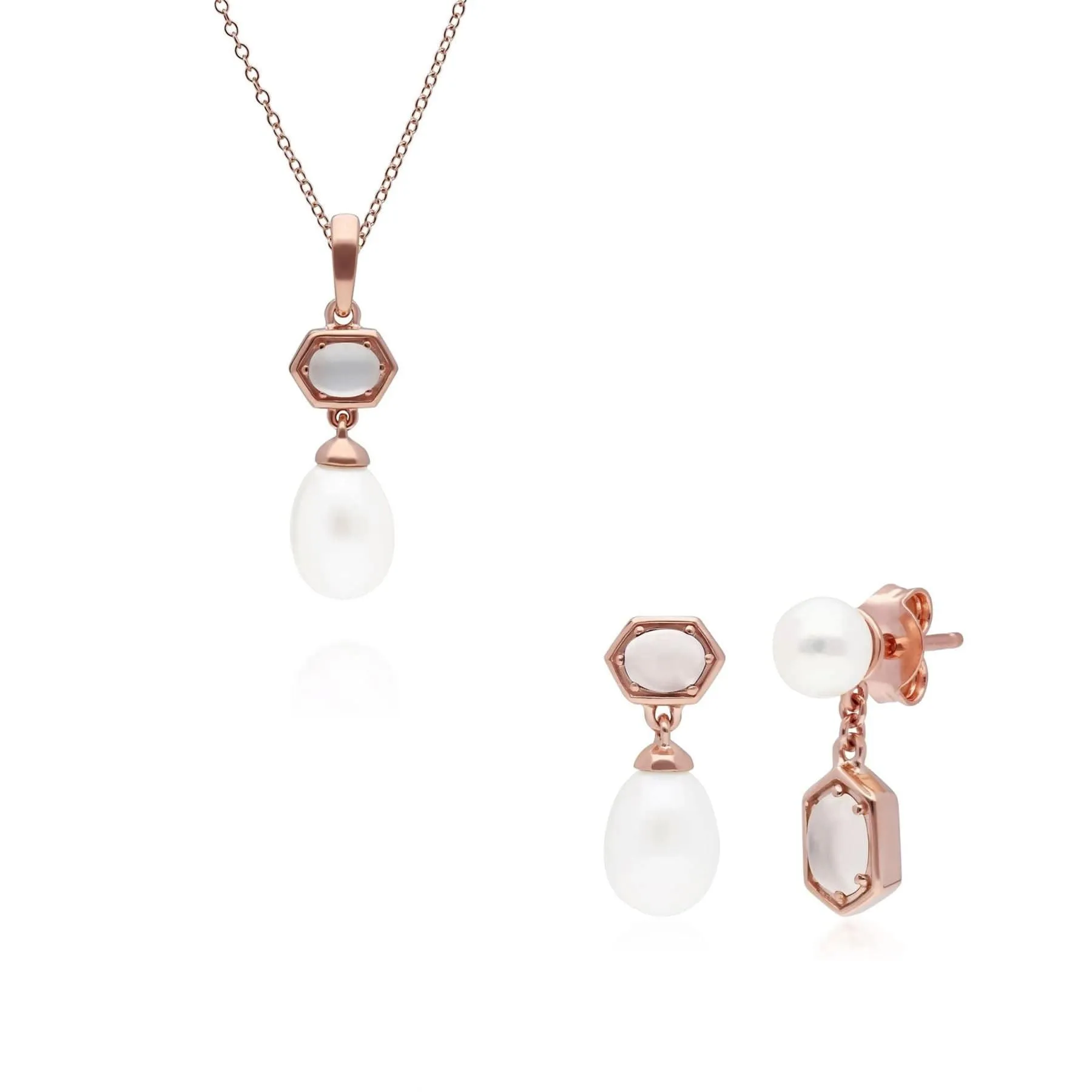 Modern Pearl & Opal Pendant & Earring Set in Rose Gold Plated Silver sold by Gemondo Jewellery