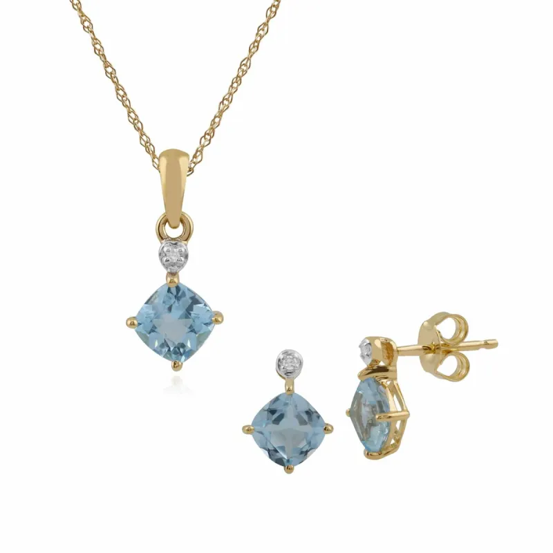 Classic Cushion Blue Topaz & Diamond Stud Earrings & Pendant Set in 9ct Yellow Gold sold by Gemondo Jewellery